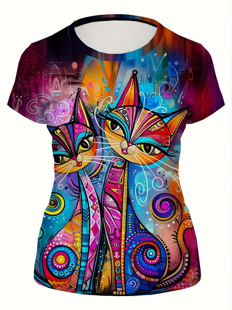 Vibrant Psychedelic Cat Women's Tee - Colorful Patterned Duo Graphic, Bold Boho Art Print Design for Casual Daily Wear