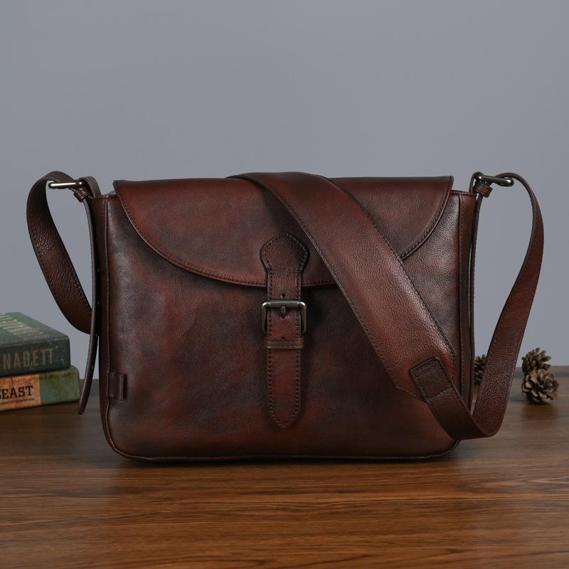 

Men s Casual Instagram Style Practical and Versatile Unisex Diagonal Cross Bag Mailman Bag Fashion Bag Cowhide Top Layer Tree Cream темно-коричневого кольору