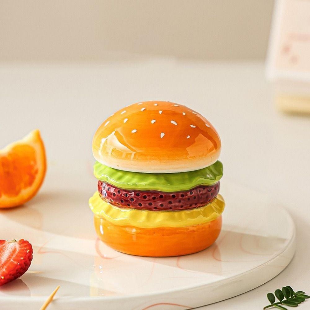 Ceramic Hamburger Toothpick Holder Dust-proof Dental Floss Box Funny Toothpick Jar Office