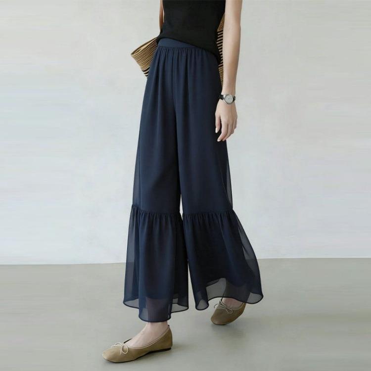 Women Elastic Waist Chiffon Ruffle Hem Wide Leg Cropped Pants Layered Flowy Sheer Capri Trousers Lightweight Summer Daily Office Casual Pants