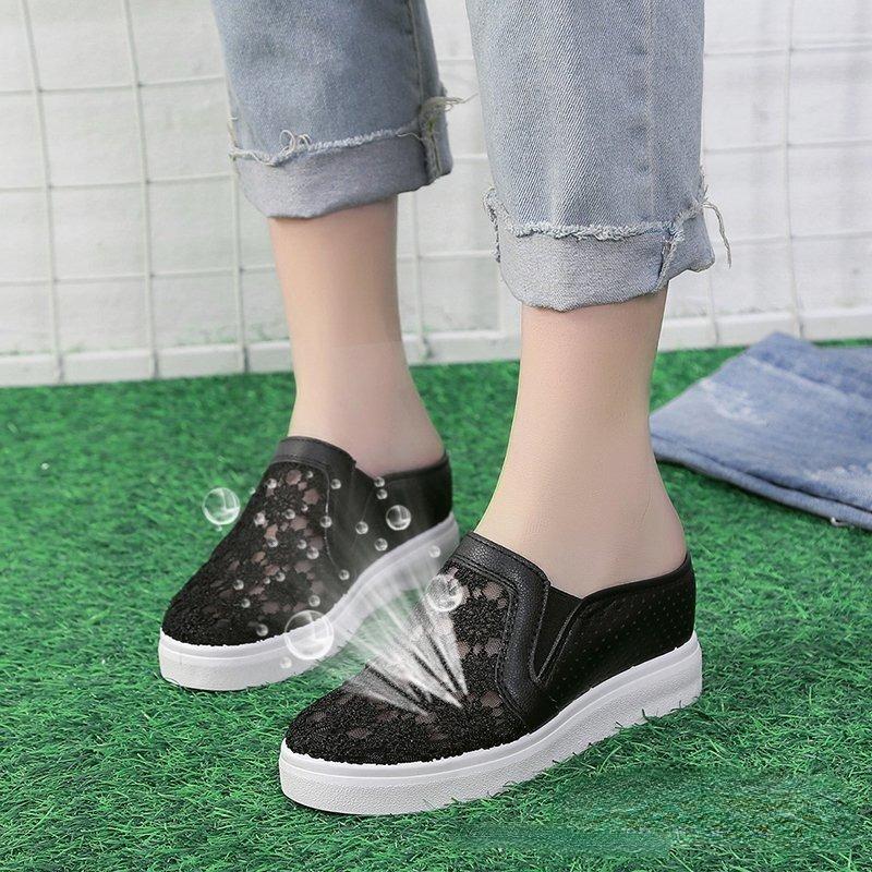 2024 Summer New Lace Mesh Breathable Baotou Half Slippers Femaleinternal Height Increase Wedges Small White Slides Women Sneaker