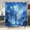 1Pc Mystical Mountain Bath Curtain - Nighttime East Asian Village With Blue Glow Waterfalls, Snow-Capped Peaks & Full Moon Fanta