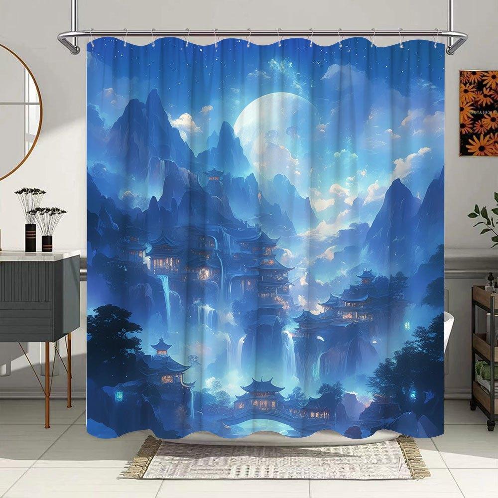 1Pc Mystical Mountain Bath Curtain - Nighttime East Asian Village With Blue Glow Waterfalls, Snow-Capped Peaks & Full Moon Fanta