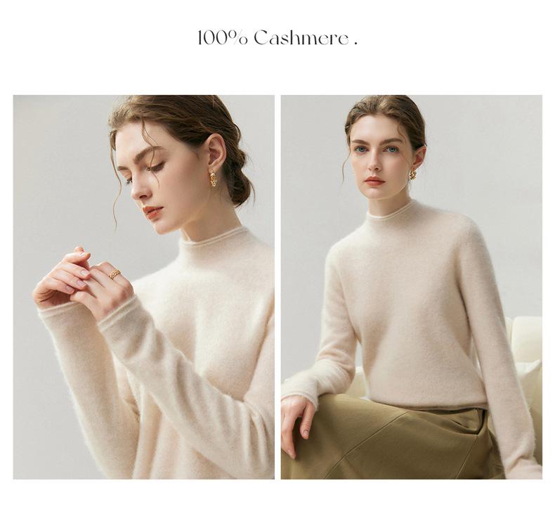 Women's 100% Cashmere Ribbed Half-Turtleneck Sweater - Autumn/Winter Base Layer, Loose & Warm