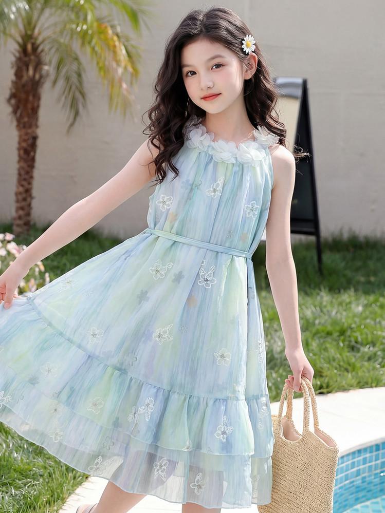 Girl's Sweet Hanging Neck Flower Dress