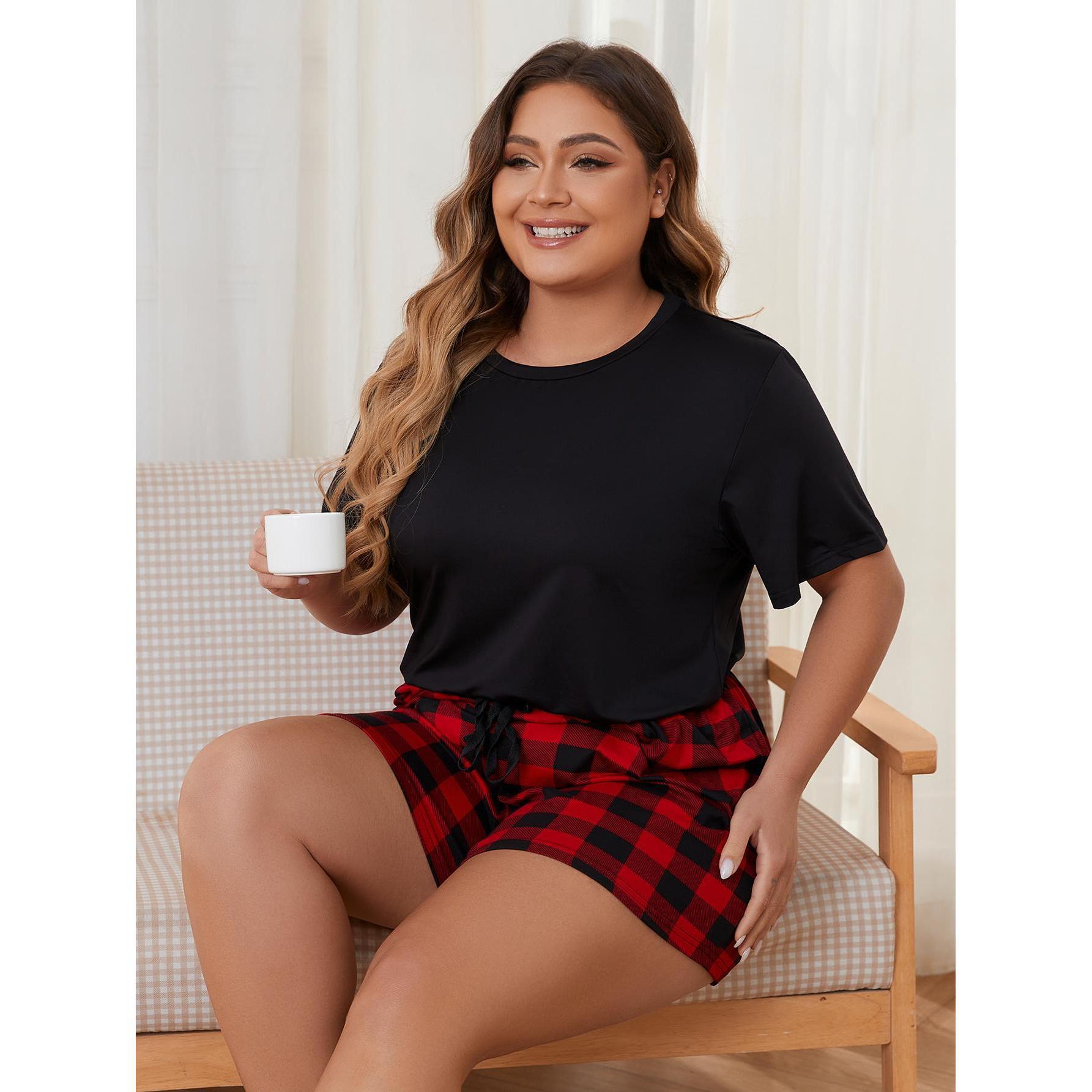 

Женские пижамы больших размеров, летние красные и черные шорты в клетку с короткими рукавами, домашний костюм 4XL чёрный