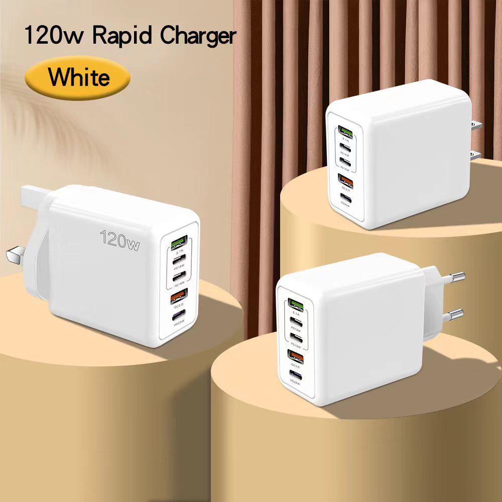 120W Multi-Port Fast Charger, PD+USB, Type-C, EU/US/UK Plug, Compatible with Apple Devices.