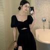 French Hollow Out Short Sleeve Black Maxi Dress Women Vintage Warm Square Collar A Line Dresses Female Summer Chic Vented Party Clothes Lady