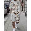Men's Spring/Summer Casual Vacation Short-Sleeve Set, Golden  Lion Print, Simple Casual Style Short-Sleeve Set,Breathable Sporty Casual Style