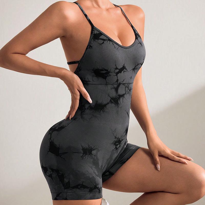 Europese & Amerikaanse Tie-Dye Yoga Bodysuit met Borstkussentjes, Gekruiste Rug - Stijlvolle Camisole voor Fitness