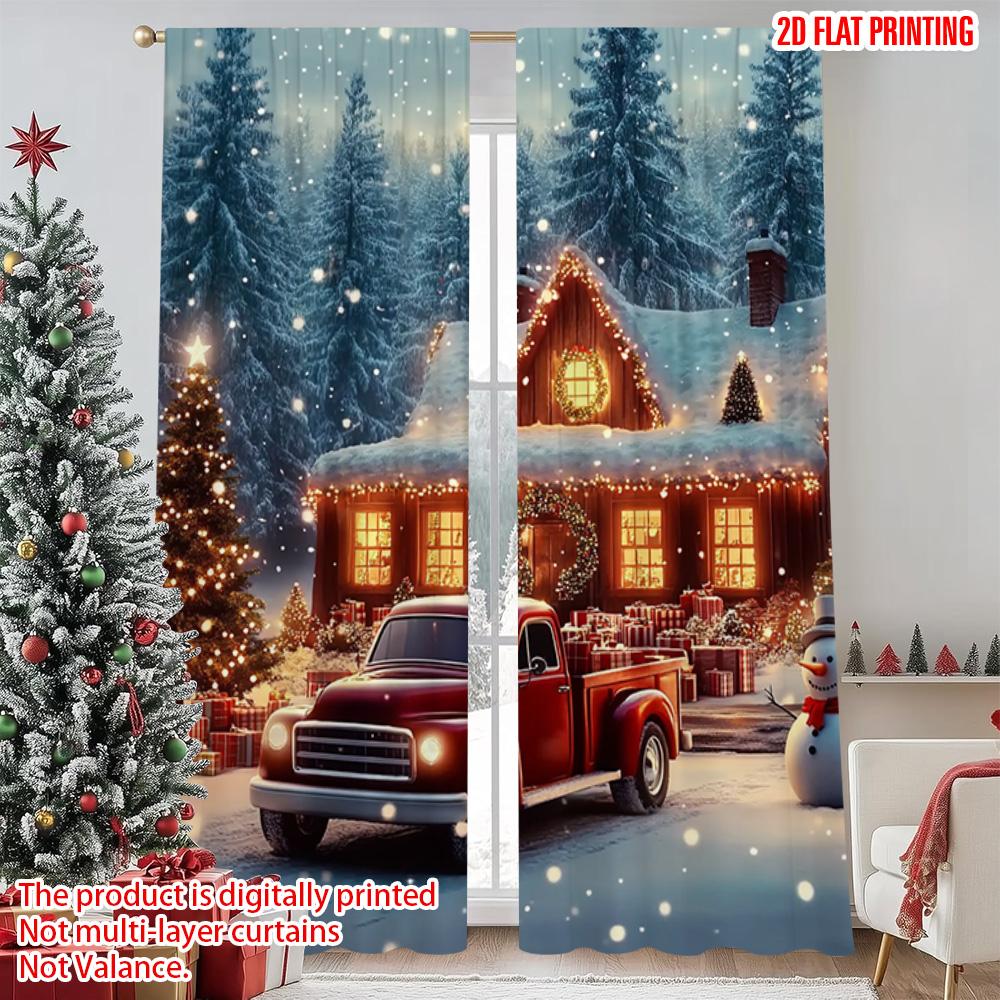 2pcs 2D Flat Printing Merry Christmas Scene Curtains Christmas Winter Lodge Versatile 100% Polyester Without Electricity Spring