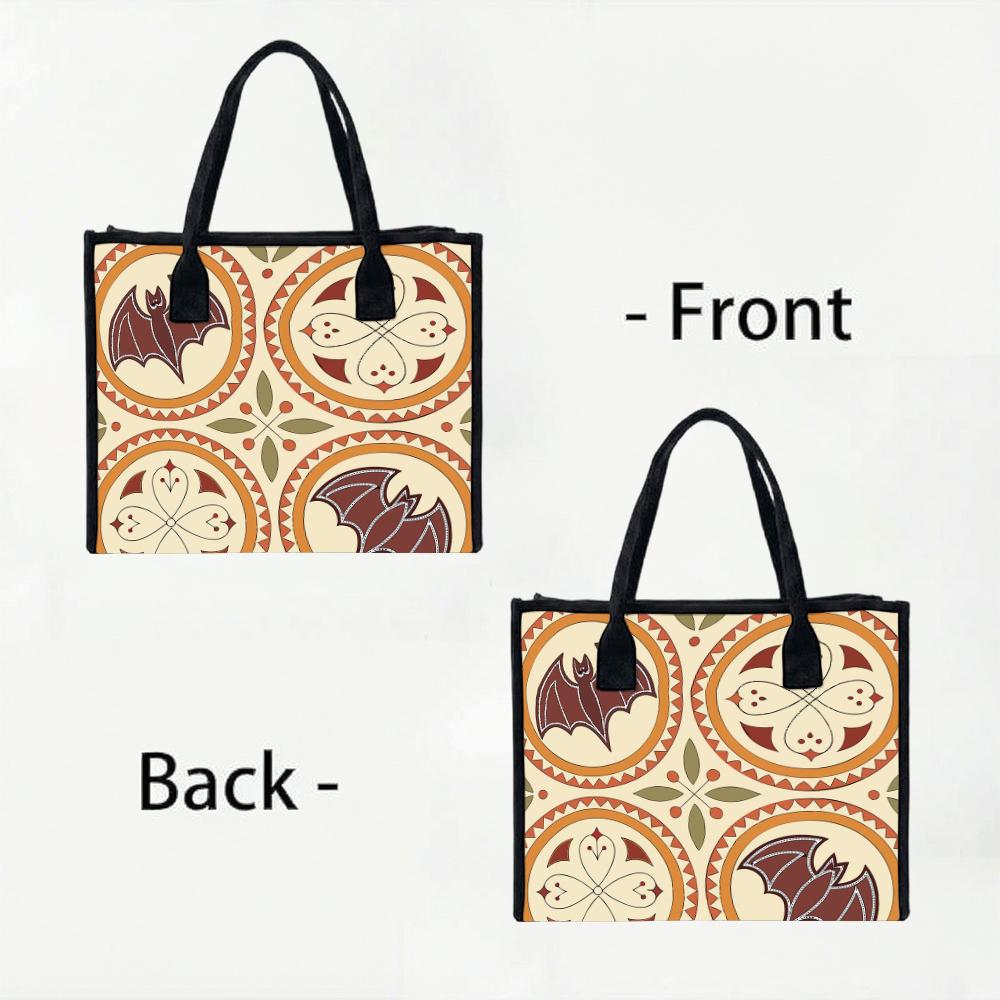 Retro Bat Pattern Tote Bag Boho Style Large Capacity Canvas Bag Daily Portable Shopping Bag