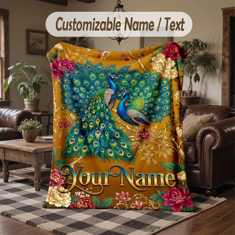 Peacock Floral Artwork Theme Throw Blanket Custom Name Text Personalized Blanket Soft Cozy Blanket for Home Sofa Bed