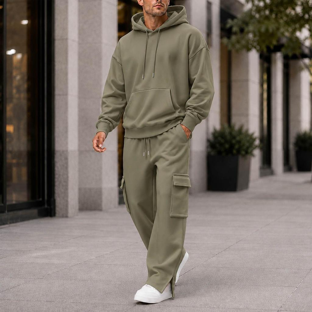 Men's Loose Fit Lined Hoodie and Wide Leg Cargo Pants Set Casual Outdoor Sports Tracksuit