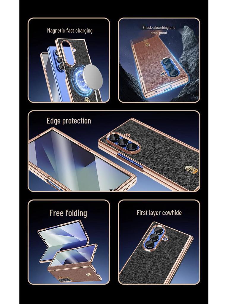 Genuine Leather Magnetic Phone Case for Samsung Z Fold7/6 - Electroplated Lychee Pattern Protective Shell with Integrated Film.