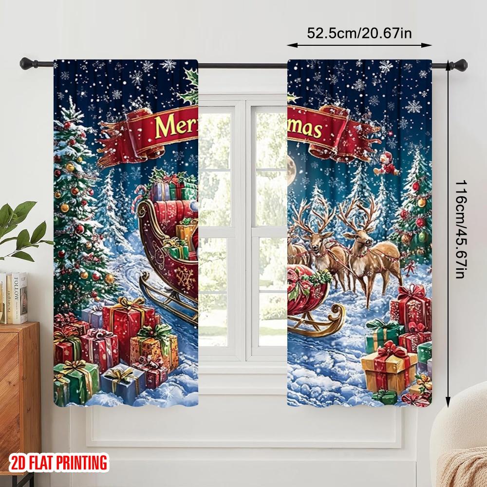 2pcs,2D Plane Printing Popular Curtain Panels Santa Claus Reindeer Sleigh Polyester (without Rod) Versatile All Perfect for