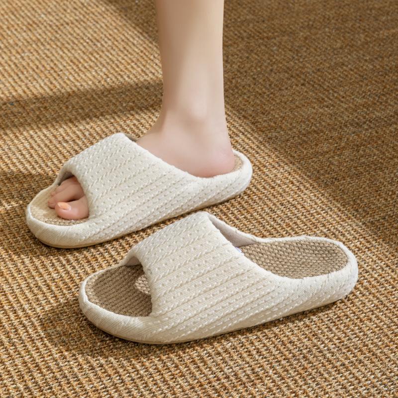 Mingsheng Japanese Light Luxury Linen Slippers Indoor Home Sweat-absorbing Breathable Couple Four-season Slippers Floor Non-slip
