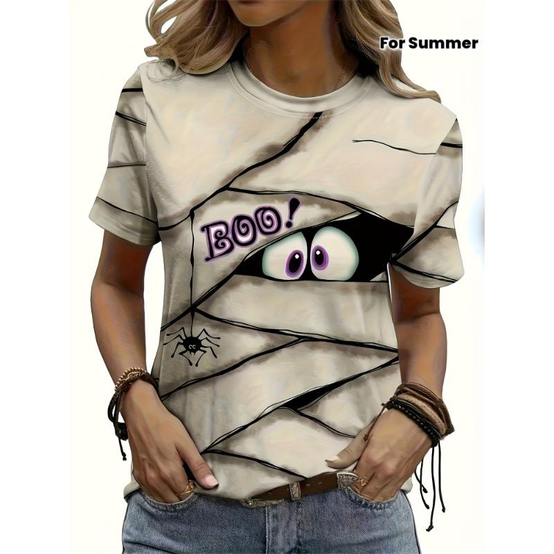 

Cartoon spider and eye print round neck T-shirt, spring and summer casual short sleeved T-shirt, women s clothing S