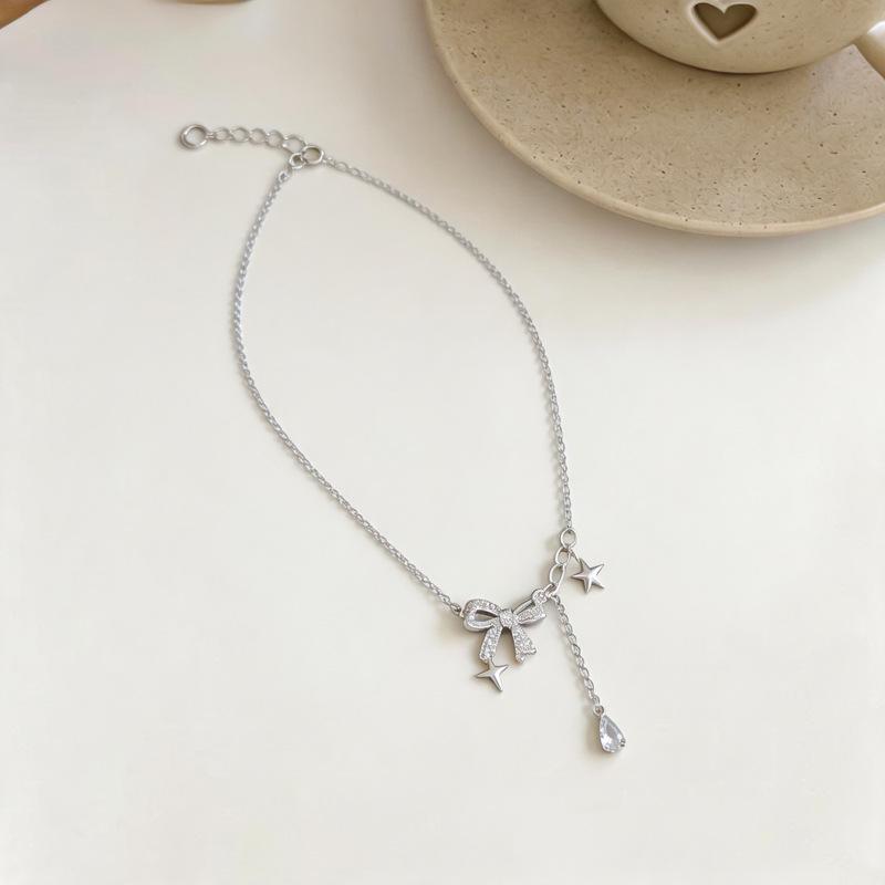Elegant Zircon Bow & Water Drop Star Pendant Necklace - Fashionable Light Luxury Clavicle Chain for Women