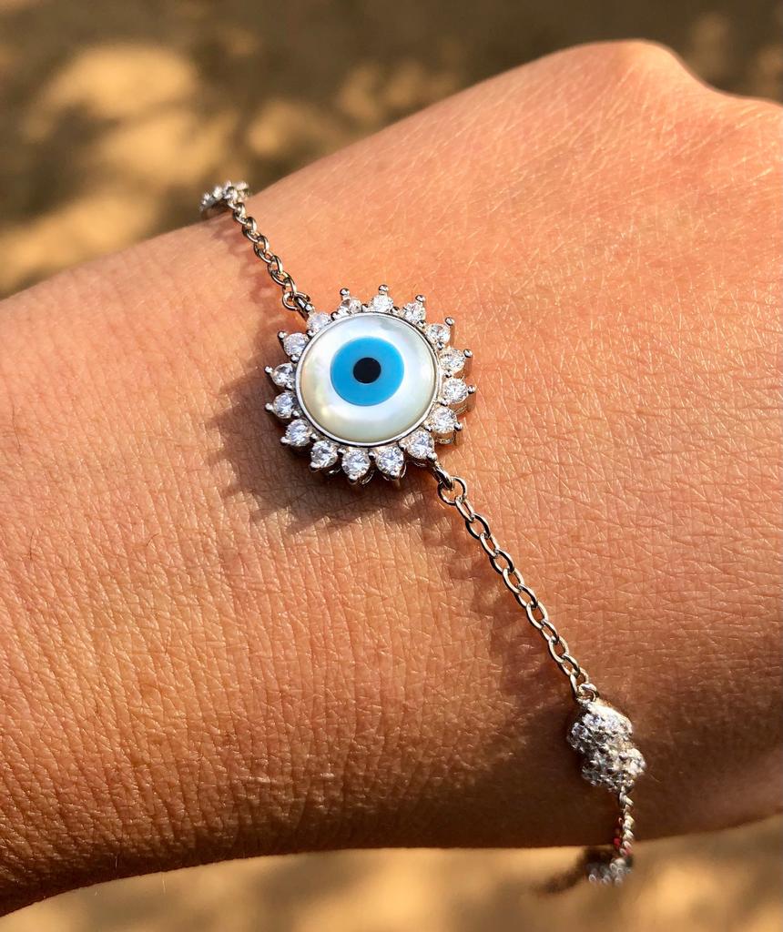 Artisan Crafted 925 Silver Evil Eye Protection Bracelet, Amulet Nazariya, Mother of Pearl Jewelry, Handmade, Handcrafted 7" + 1" Ext, 6.1 Gm