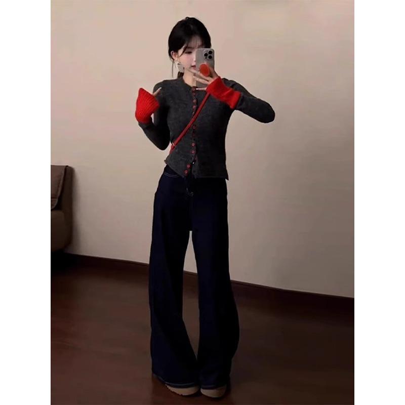 Gray splicing knitted cardigan women's spring design sense niche slim-fit sweater Spice girl with thin top