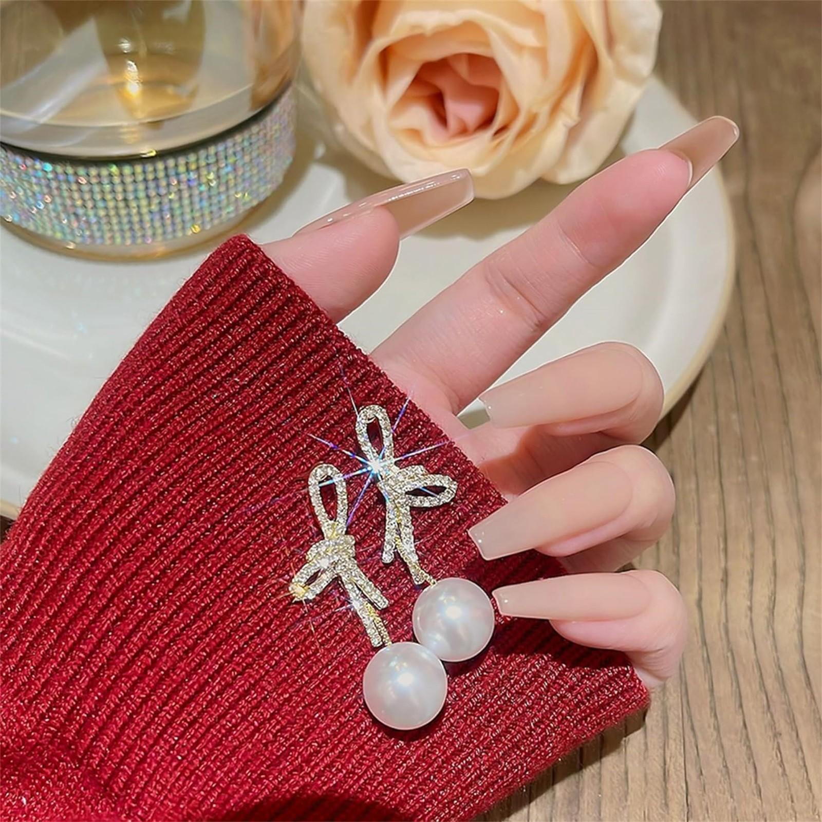 Women Gold Pearl Bow Earrings Crystal Drop Earrings One Size белый
