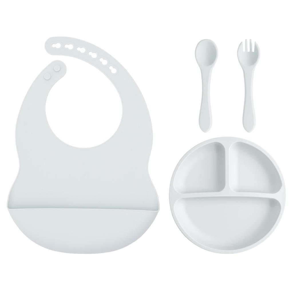 Color Kids 4PCS Baby Silicone Feeding Set Suction Plate BPA Free Waterproof Bib Portable Spoon Fork Toddler Training Tableware