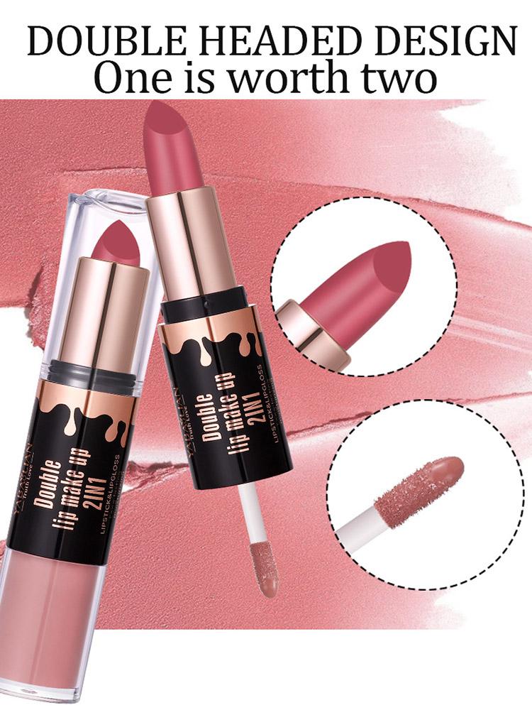 Double Head Matte Lip Glaze Non-stick Cup Velvet Mist Lip Glaze 2-i-1 vanntett, langvarig fuktighetsgivende lipgloss