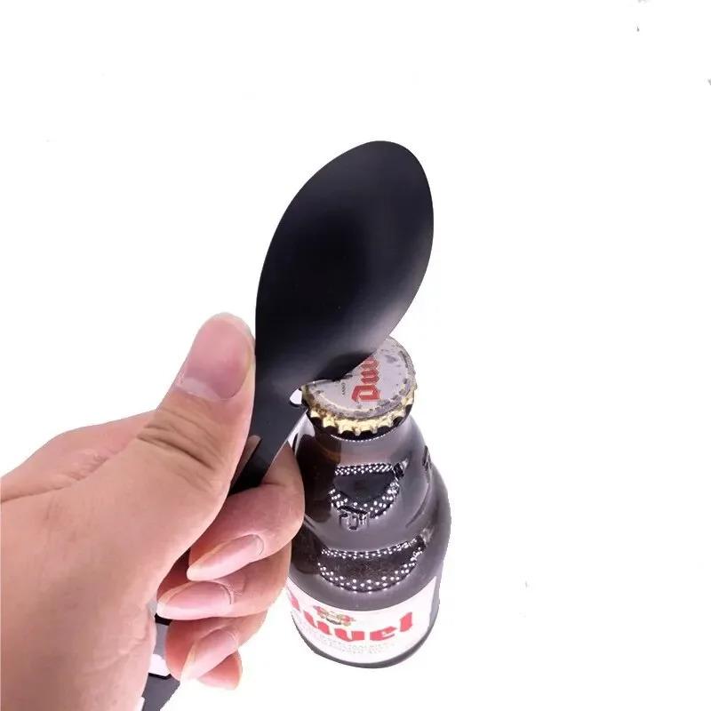 Multi Functional Camping Stainless Steel Spoon Fork Portable Thick Outdoor Tableware Set Integrated Bottle Opener