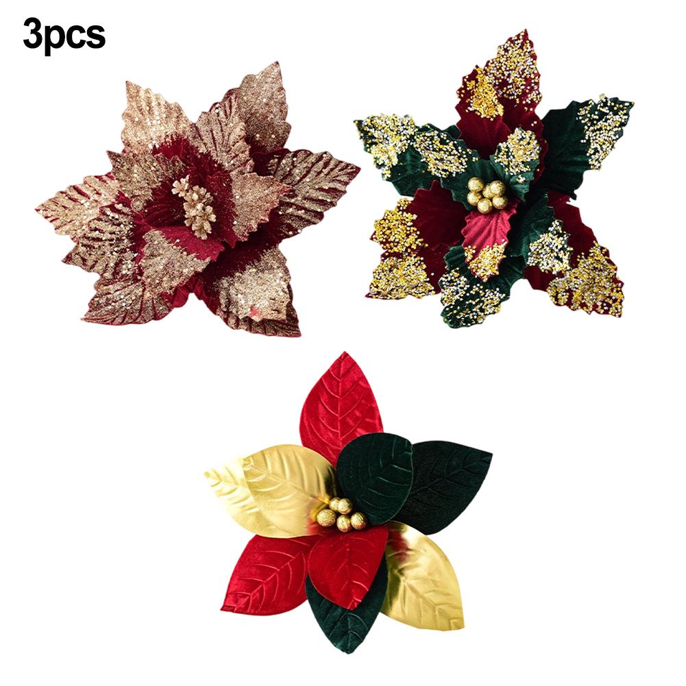 3pcs Christmas Decorative Felt Fabric Flower 30*20cm Vibrant Christmas Tree Decor Artificial Poinsettia Flowers Holiday Decor