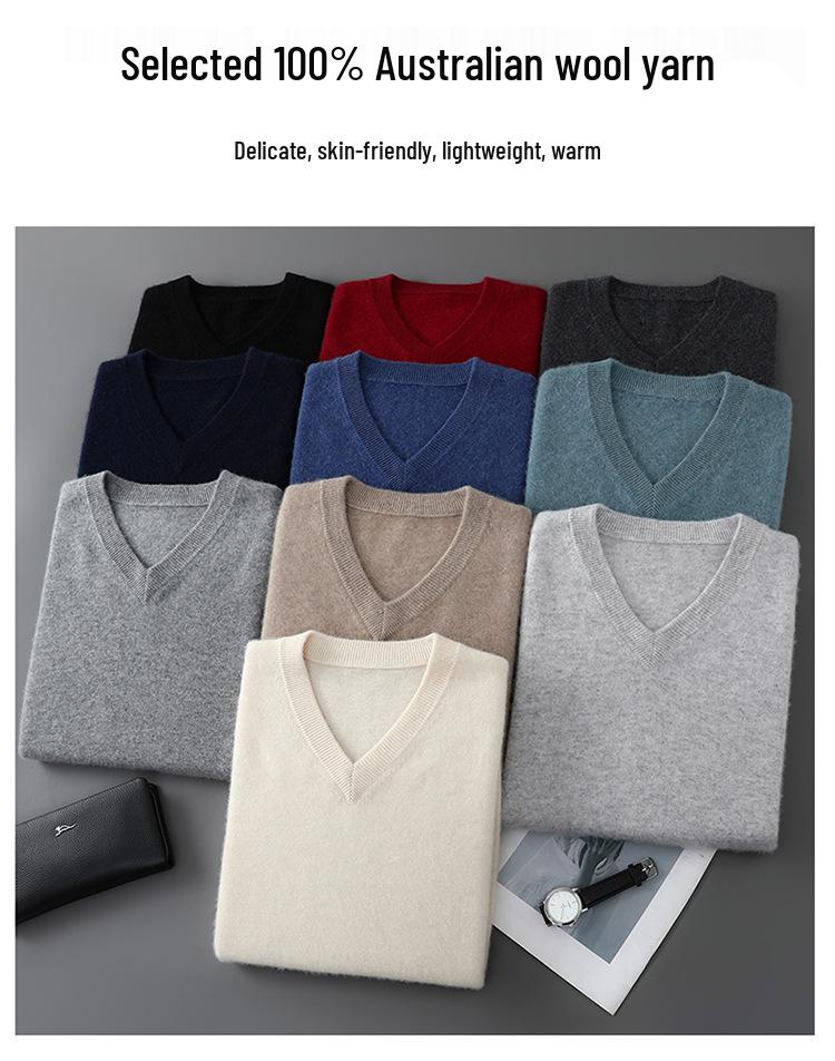 Men's 100% Wool V-neck Loose Fit Plain Pullover Sweater for Autumn/Winter.