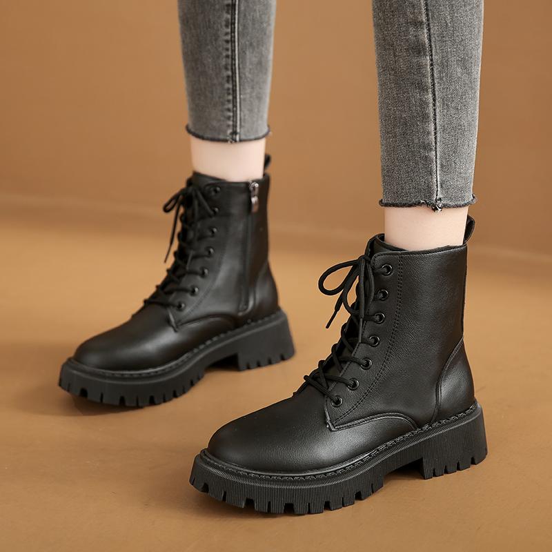 fashion Rimocy Autumn Winter Woman Ankle Boots Thick Plush Warm PU Leather Booties Woman Fashion Non Slip Lace Up Short Boots Plus Size