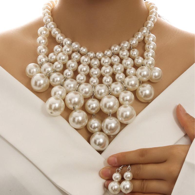 European and American Handmade Pearl Fringed Necklace Earrings Set Luxury Pearl Jewelry Set