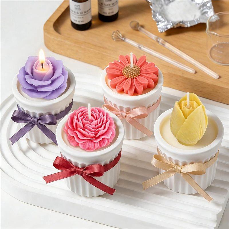 A03F-4Pcs 3D Flower Silicone Molds Set Daisy Peony Rose Tulip For DIY Candle Soap Epoxy Release Craft Gifts