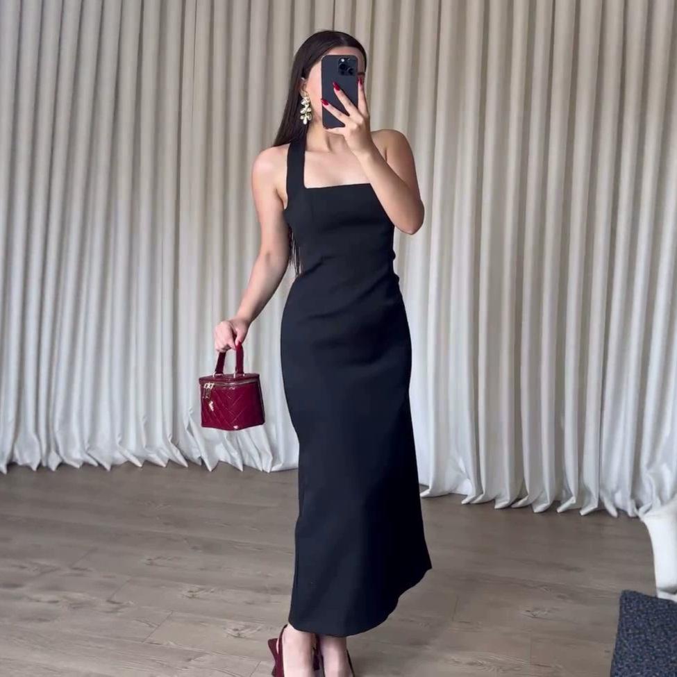 European and American Women's Clothing Spring and Summer Backless Neck Collar Sleeveless Long Dress Waist and Hip Temperament Dress