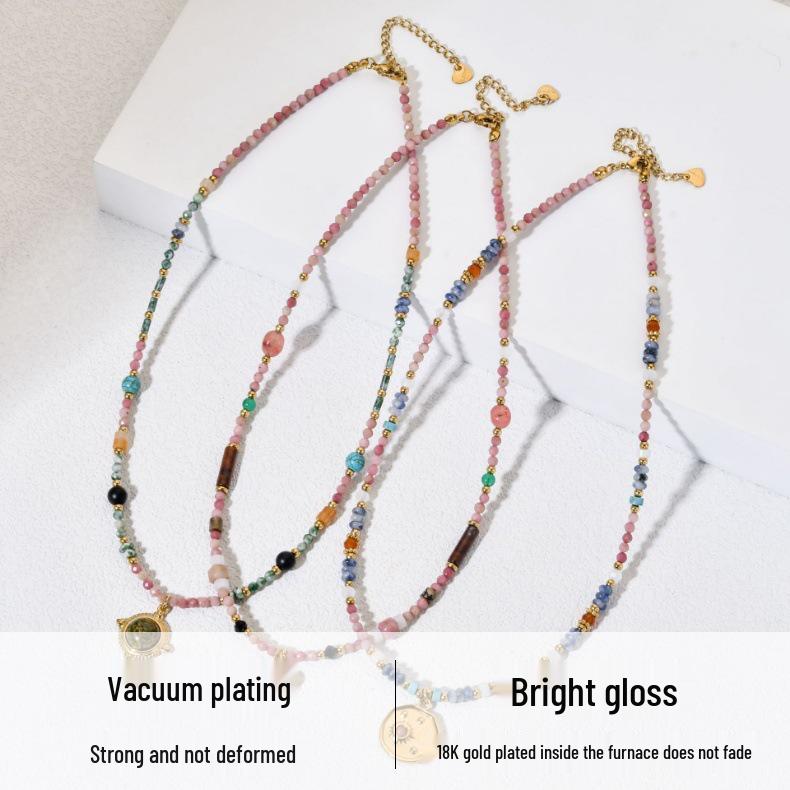 Retro French Colorful Beaded Necklace with Stainless Steel Pendant - High-End Clavicle Chain