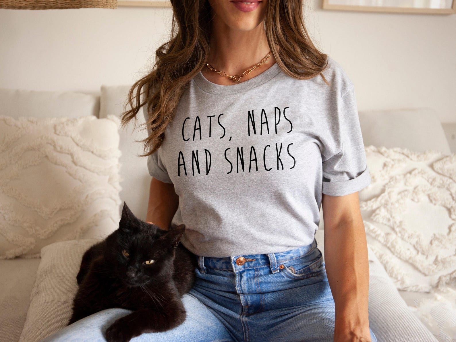 Cats Naps Snacks T-Shirt, Funny Cat Lover Shirt, Cat Quote Graphic Tee, Cat Lover Top, Gift for Cat Lover L