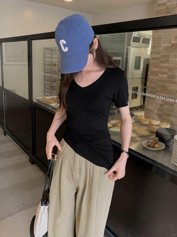 WhiteV-Neckshort Sleeve T-Shirt Women's Casual Loose-Fit Waist-Fitted Top Korean Style Polyester Fiber Summer Clothing