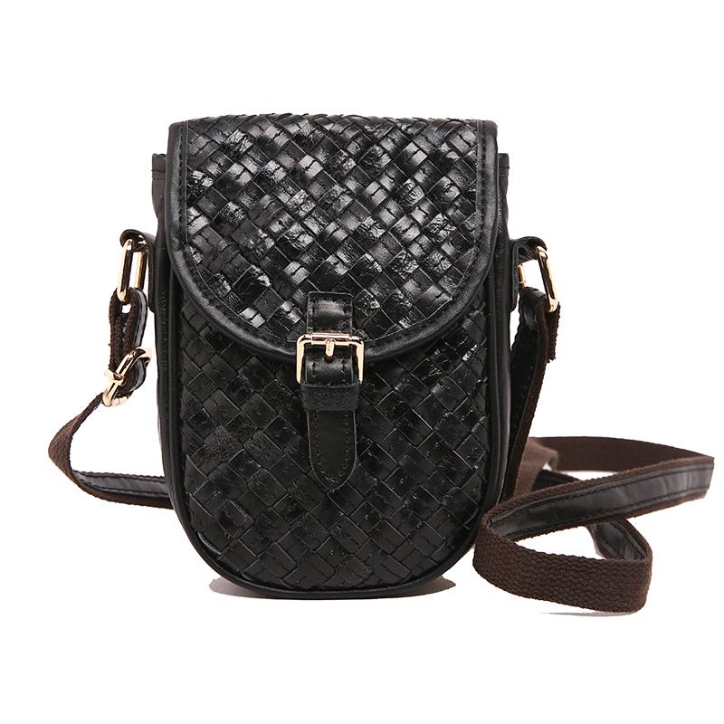 

Fashion leather cowhide mobile phone bag color rhombus splicing hand-woven shoulder mini messenger women s bag 14*19*4 чёрный