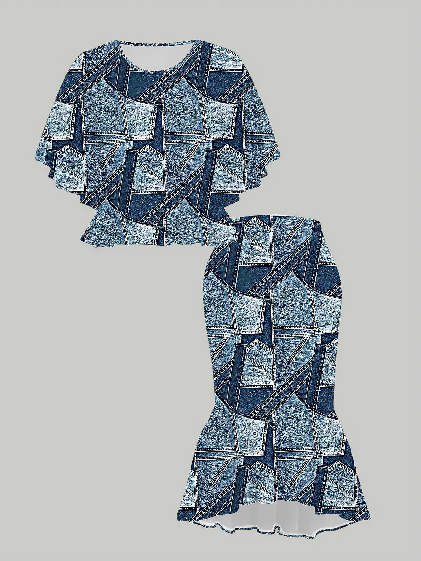 

Классический тотемный женский принт с 3D геометрией, модный, большого размера, элегантный, универсальный для всех сезонов. Футболка, Юбка и Комплект 6XL синий