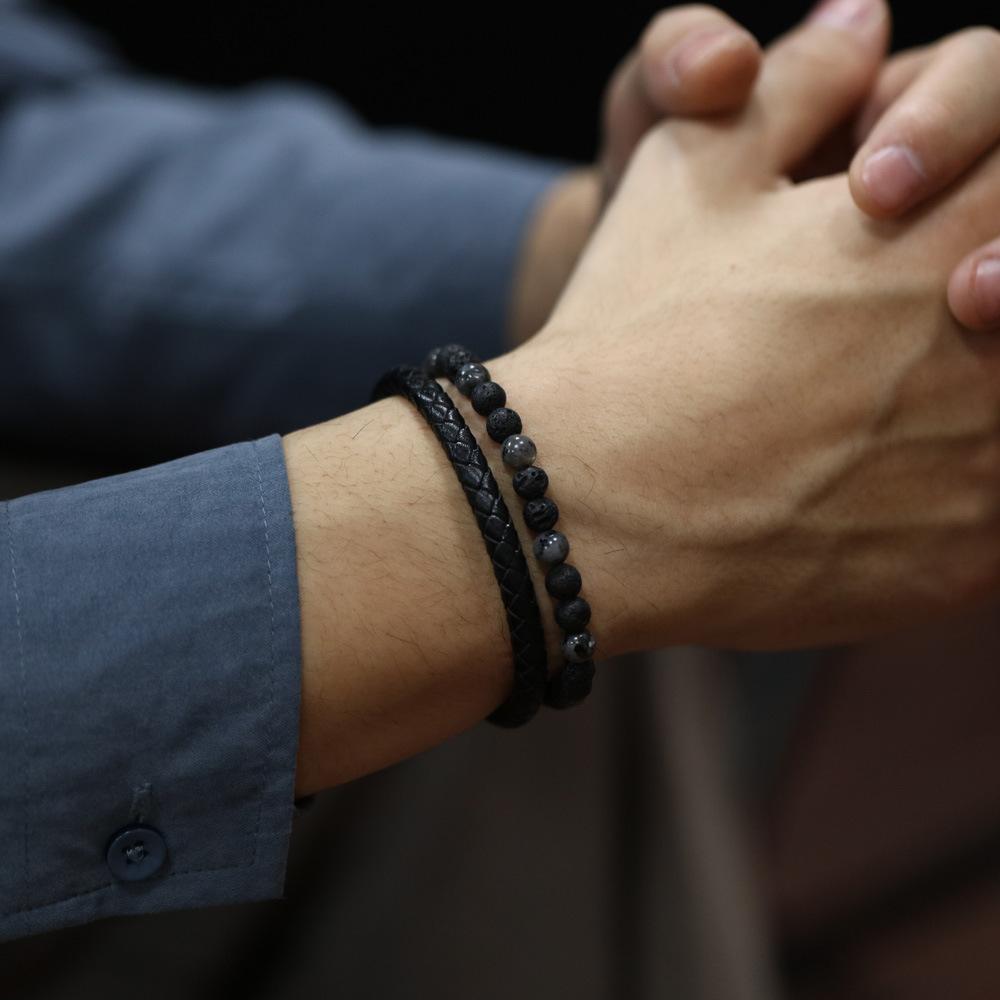 Volcano Stone Bracelet Multi Layer Leather Weaving Black Beaded Bracelets Men 316l Stainless Steel Jewelry ALN25122947