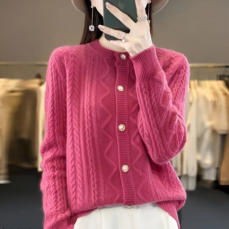 New Crew Neck Knitted Autumn and Winter Coat Casual Versatile Twist Loose Cardigan Sweater Women