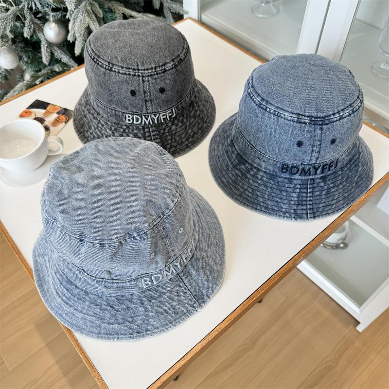 Letter Embroidered Bucket Hat Women's Summer Senior Sense Bucket Sunscreen Hat Korean Ins Trendy Face Small Cowboy Hat