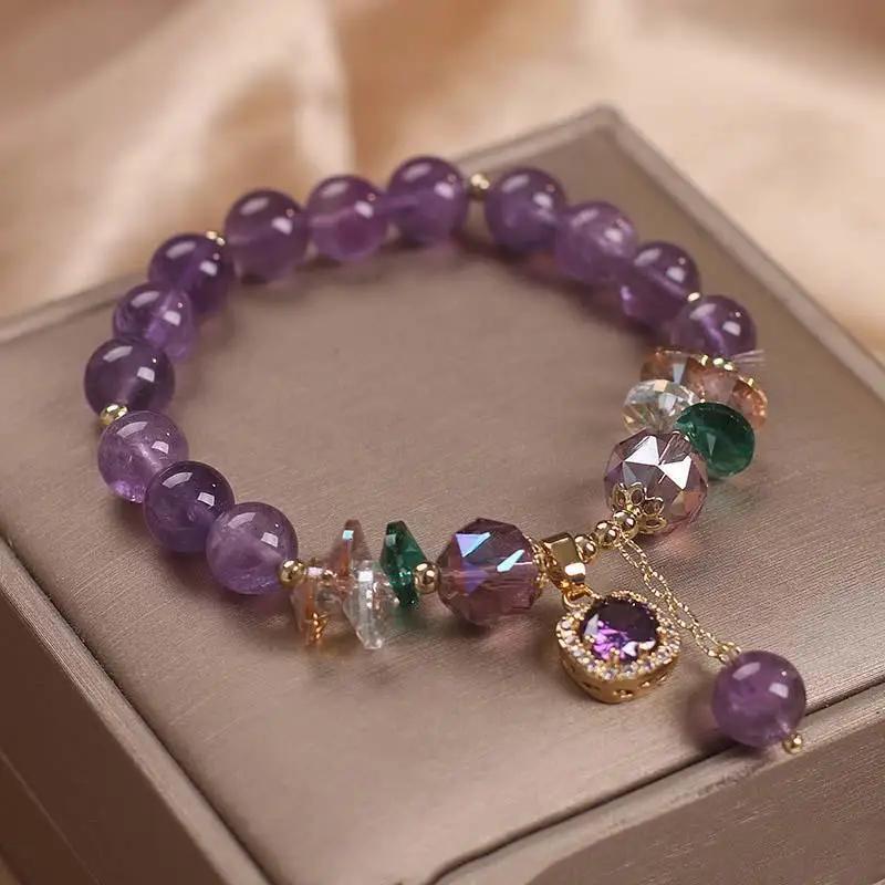 Junzi Purple Crystal Strand Copper Bracelets Light Luxury Vintage For Women Female Accessory Festival Party Daily