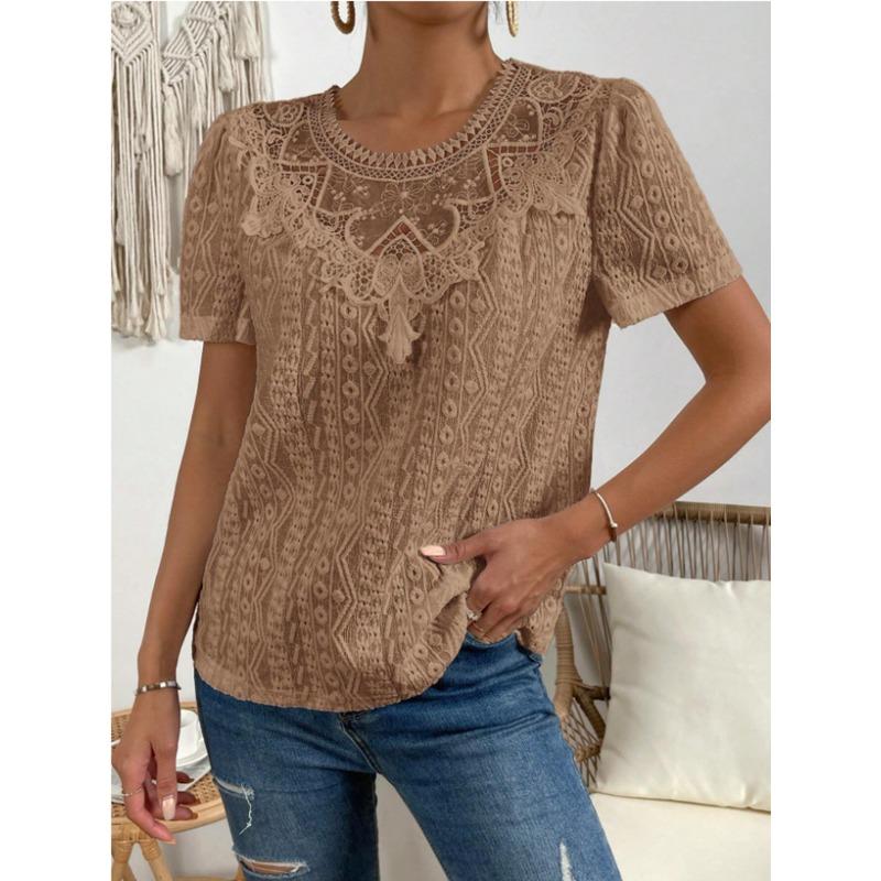 Nuova Blusa Estiva con Inserti in Pizzo da Donna Camicie Scollo Tondo Traforate Top alla Moda Manica Corta Colore Unito Dolce Abbigliamento Largo Elegante