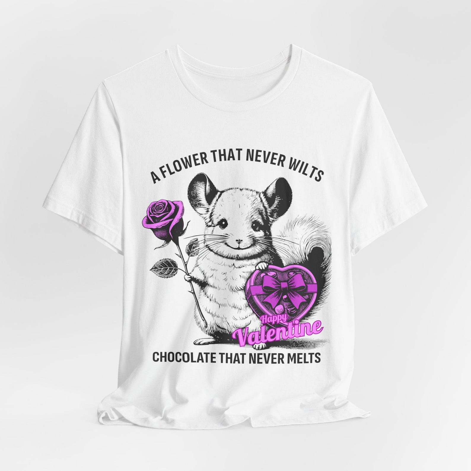 Chinchilla Holding Rose and Heart Chocolate T-Shirt | Valentine Animal Design M