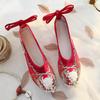 Women's New Increased Internal Embroidered Shoes Shallow Ankle Strap String Beach Tassel Cocked Shoes Hanfu Shoes Wedding Shoes