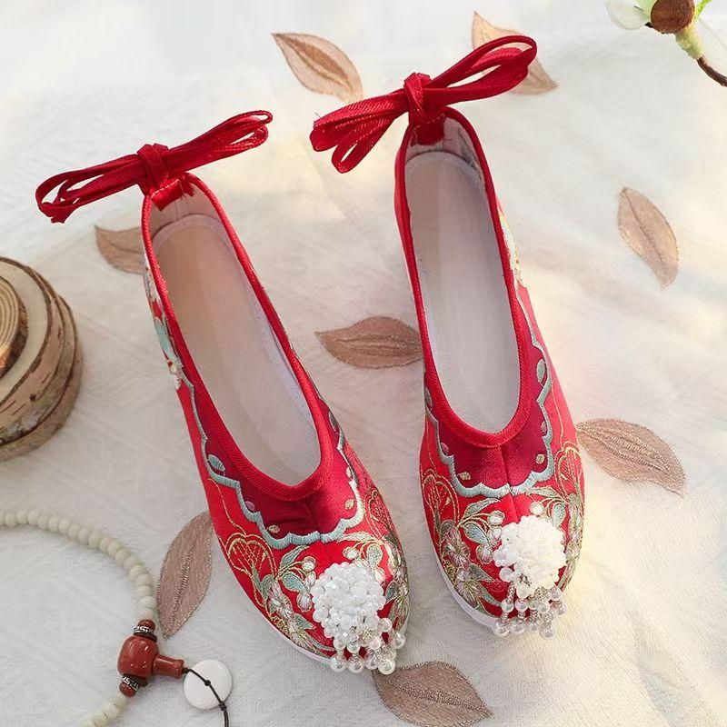 Women's New Increased Internal Embroidered Shoes Shallow Ankle Strap String Beach Tassel Cocked Shoes Hanfu Shoes Wedding Shoes