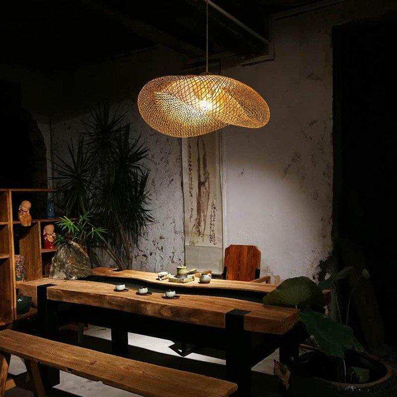 40cm Chinese Handmade Bamboo Suspension Lamp Wicker Rattan Wave Shade Pendant Lamps for Restaurant Aisle Tea Room House Indoor