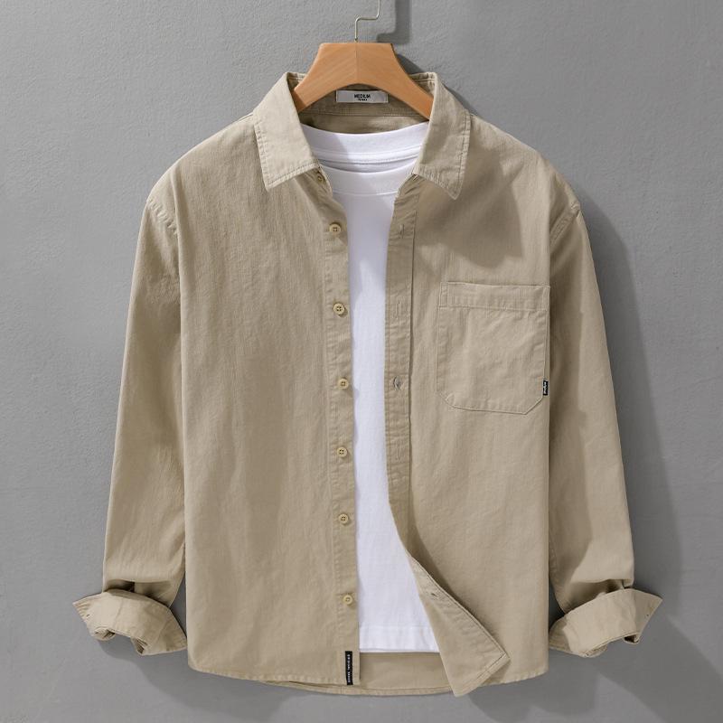 

Мужская однотонная рубашка с длинным рукавом из чистого хлопка – Универсальный японский стиль для весны и осени M хаки